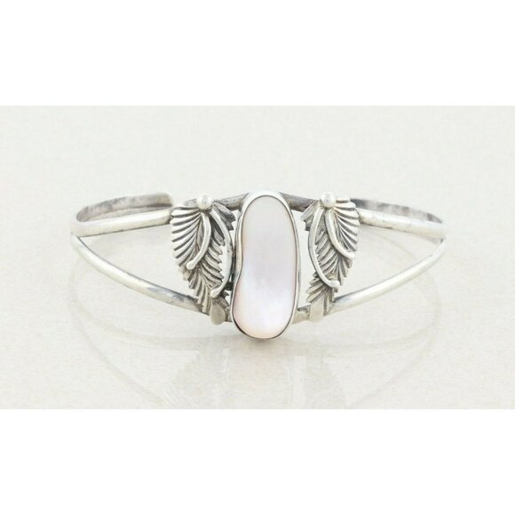 Sterling Silver Mother of Pearl Feather Design Cuff Bracelet 6 3/4 - Picture 1 of 6